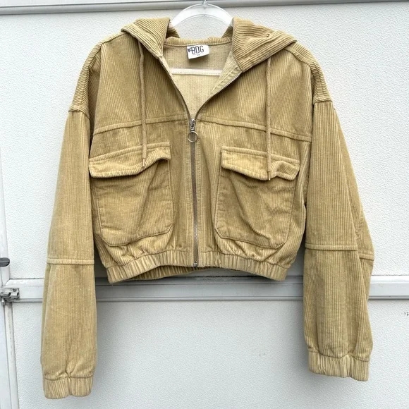 Urban Outfitters BDG Corduroy Jacket Pockets Hoodie Cropped Oversized Tan Sz XS - Picture 6 of 10